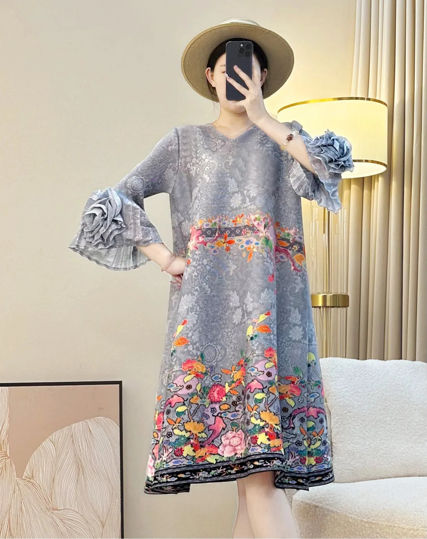 Luxe Plissé Floral Ruffle Dress