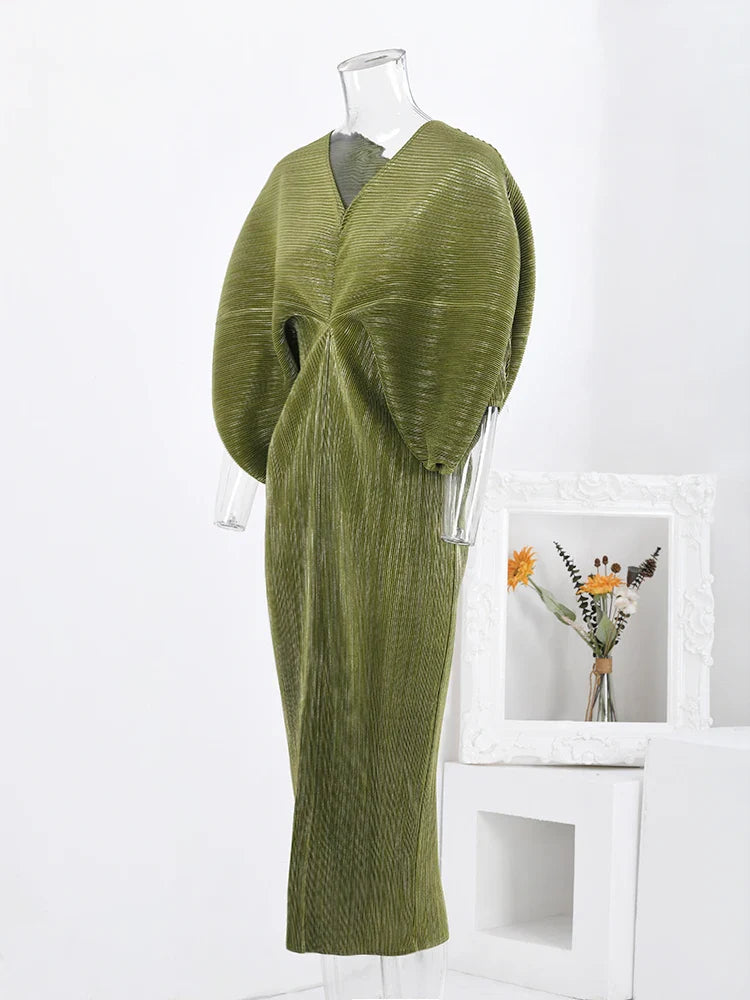 V-Neck Flutter Sleeve Pleated Midi Dress