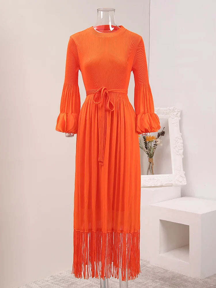 Elegant Fringe Hem Plissé Dress