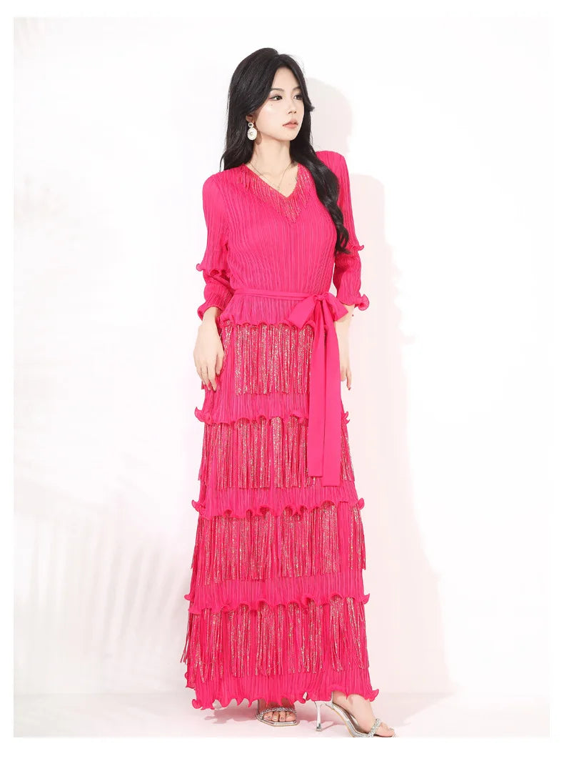 Plissé Japanese Fringe Midi Dress