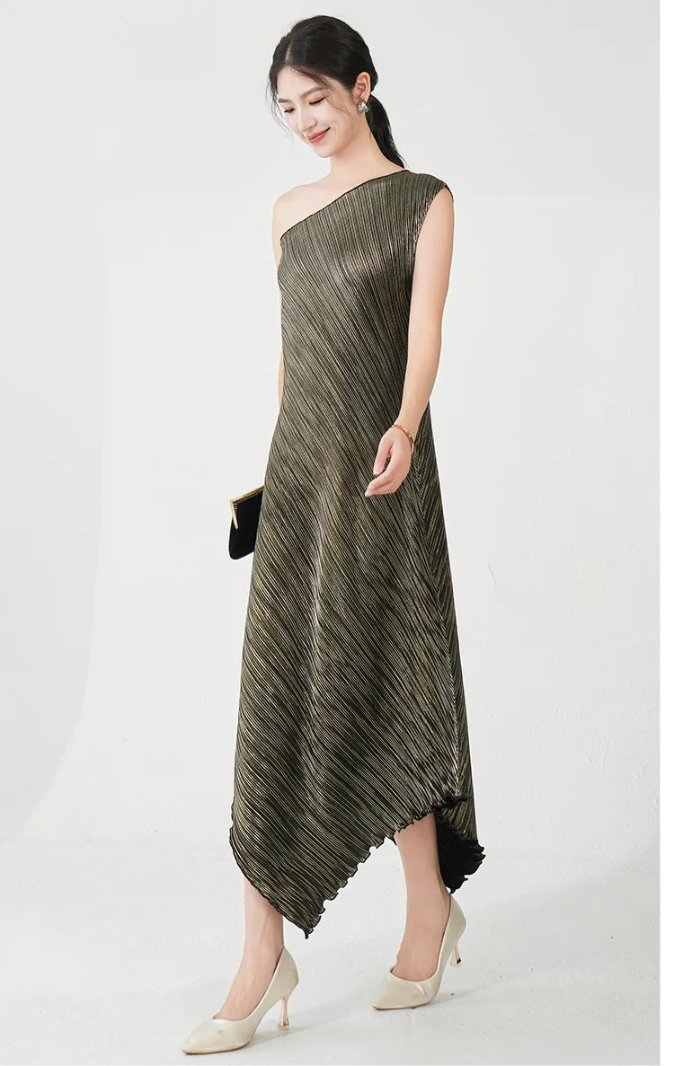 Asymmetric Pleated Midi Dress