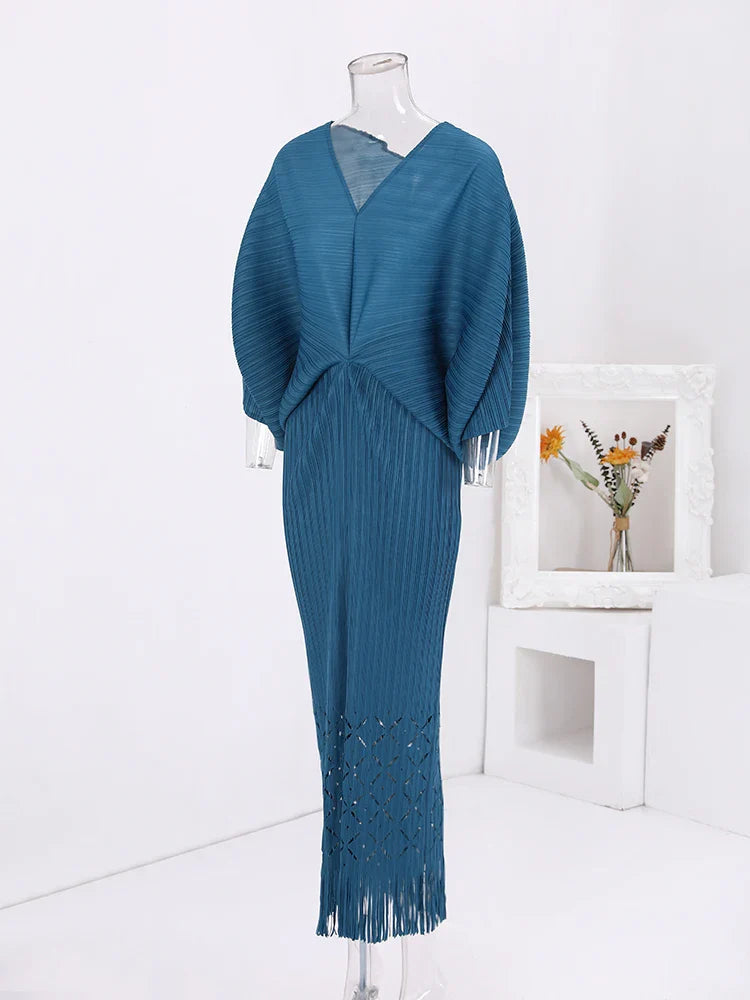 Pleats Plissé Midi Dress - Fringe & Oversized Sleeves