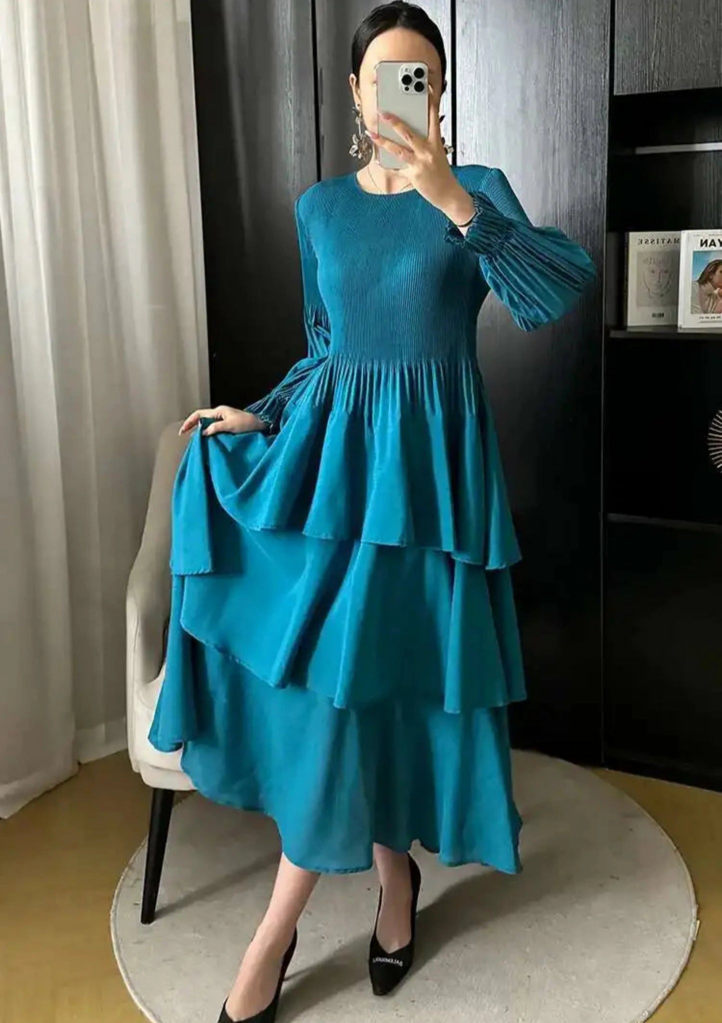 Pleated Lantern Sleeve Ruffle Dress
