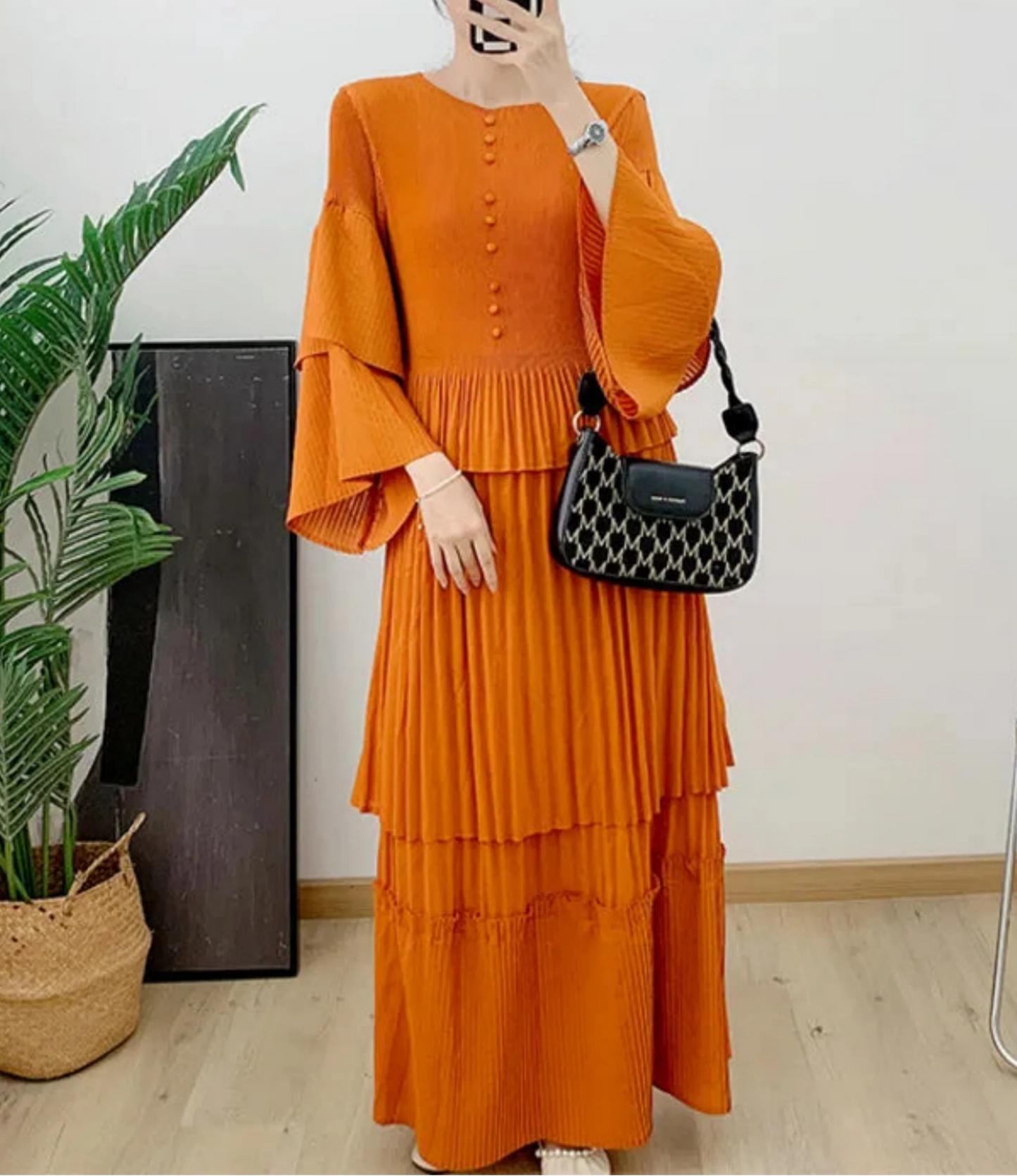 Luxury Pleated Flare Sleeve Dress