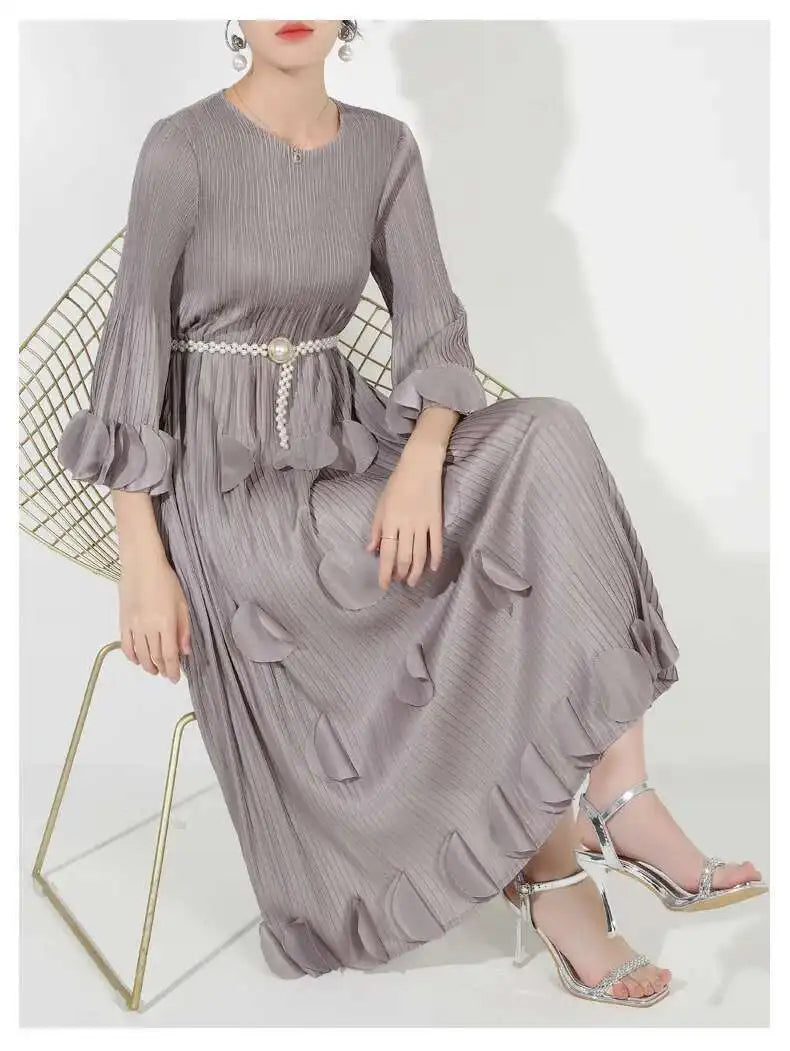 Premium Plissé 3/4 Sleeve Midi Dress