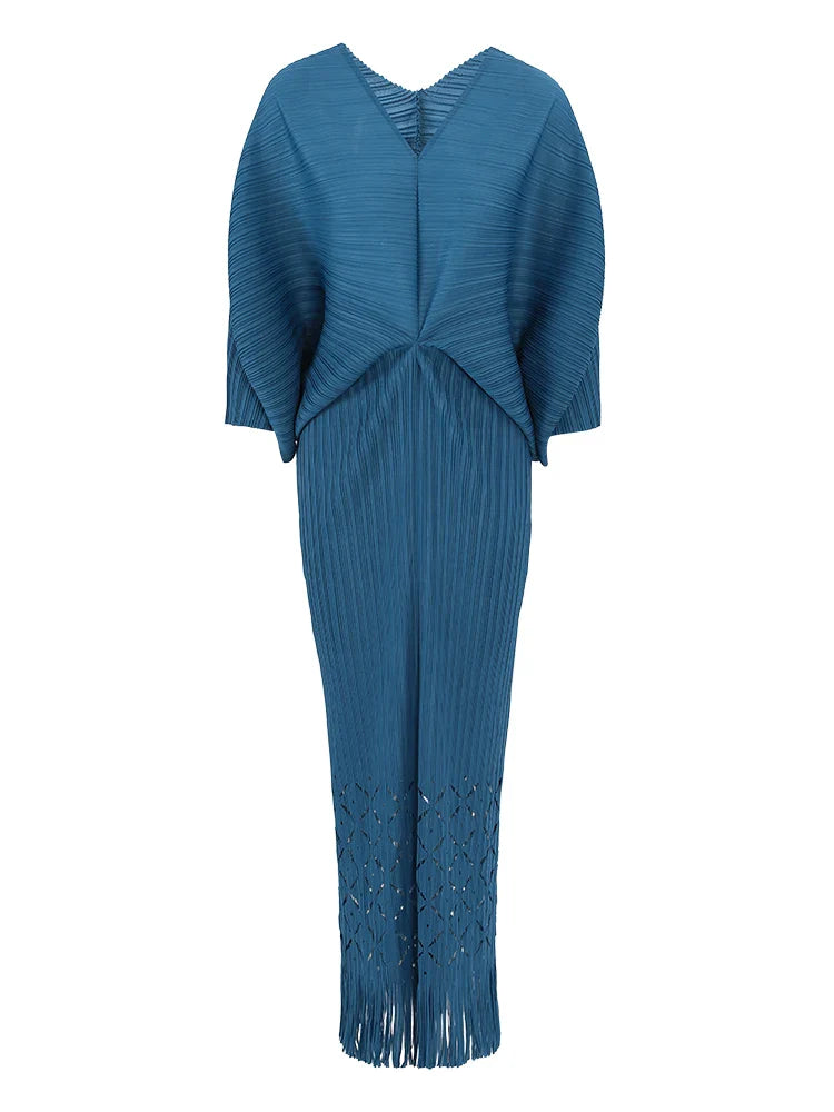 Pleats Plissé Midi Dress - Fringe & Oversized Sleeves