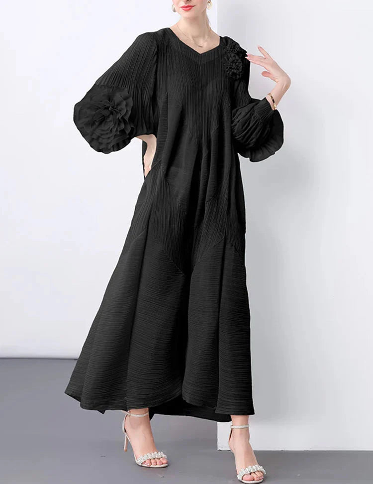 Floral Bell Sleeve Pleated Dress