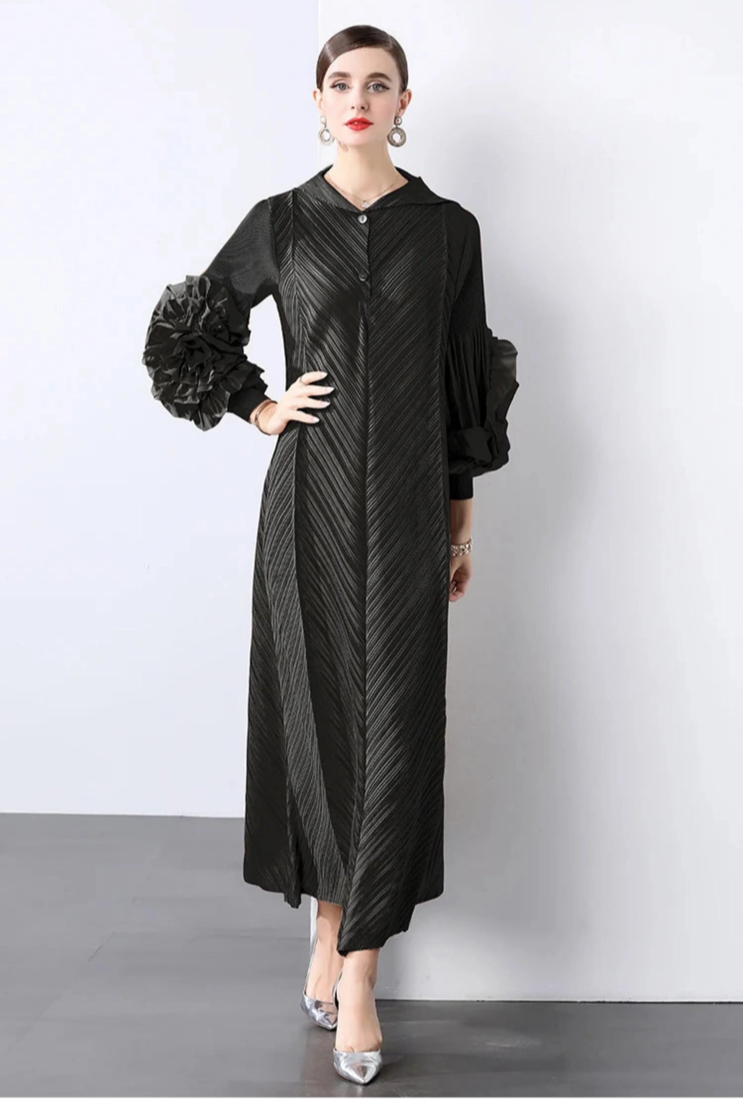 Plissé Pleated Long Sleeve Dress