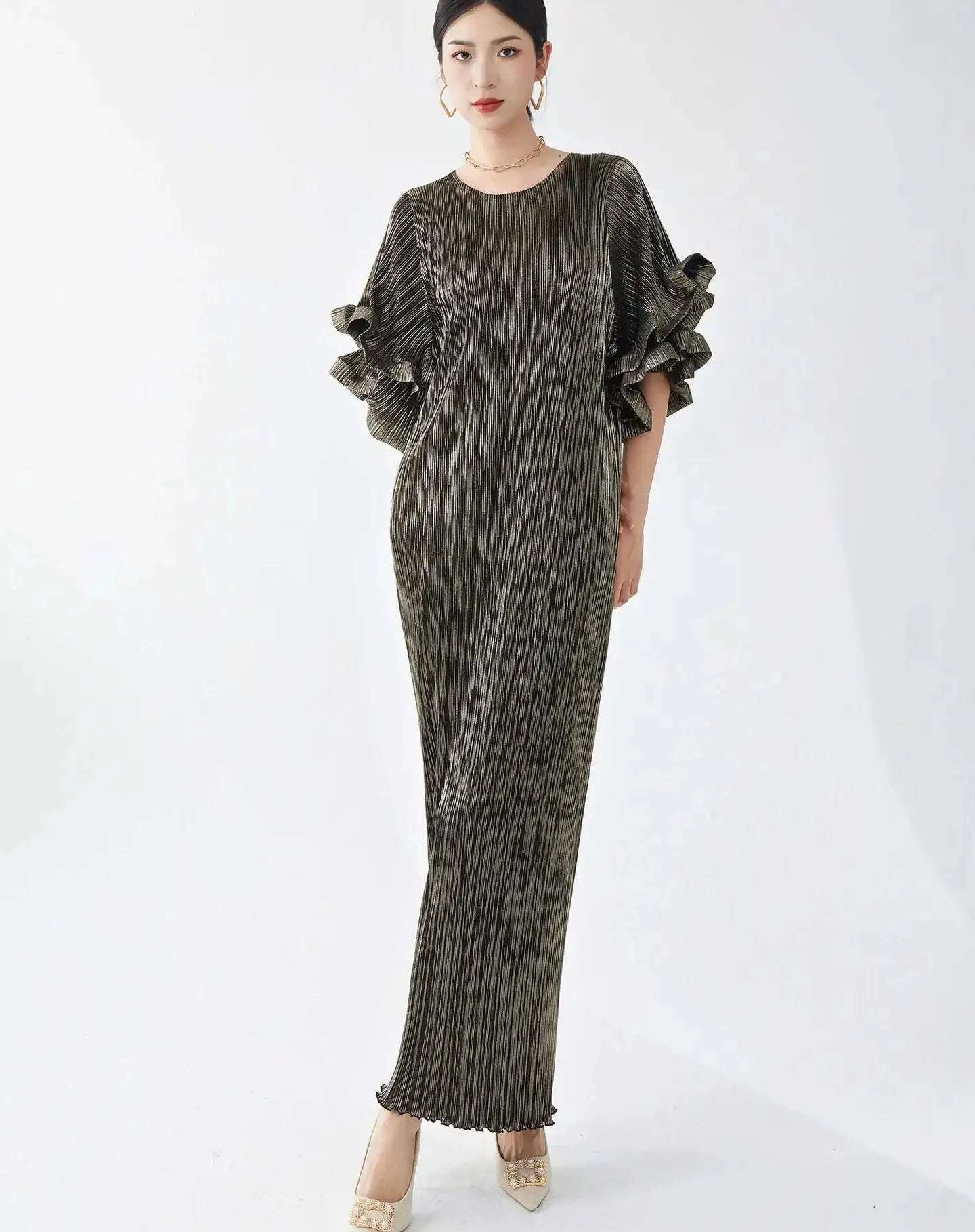 Luxury Pleated Flare Sleeve Dress