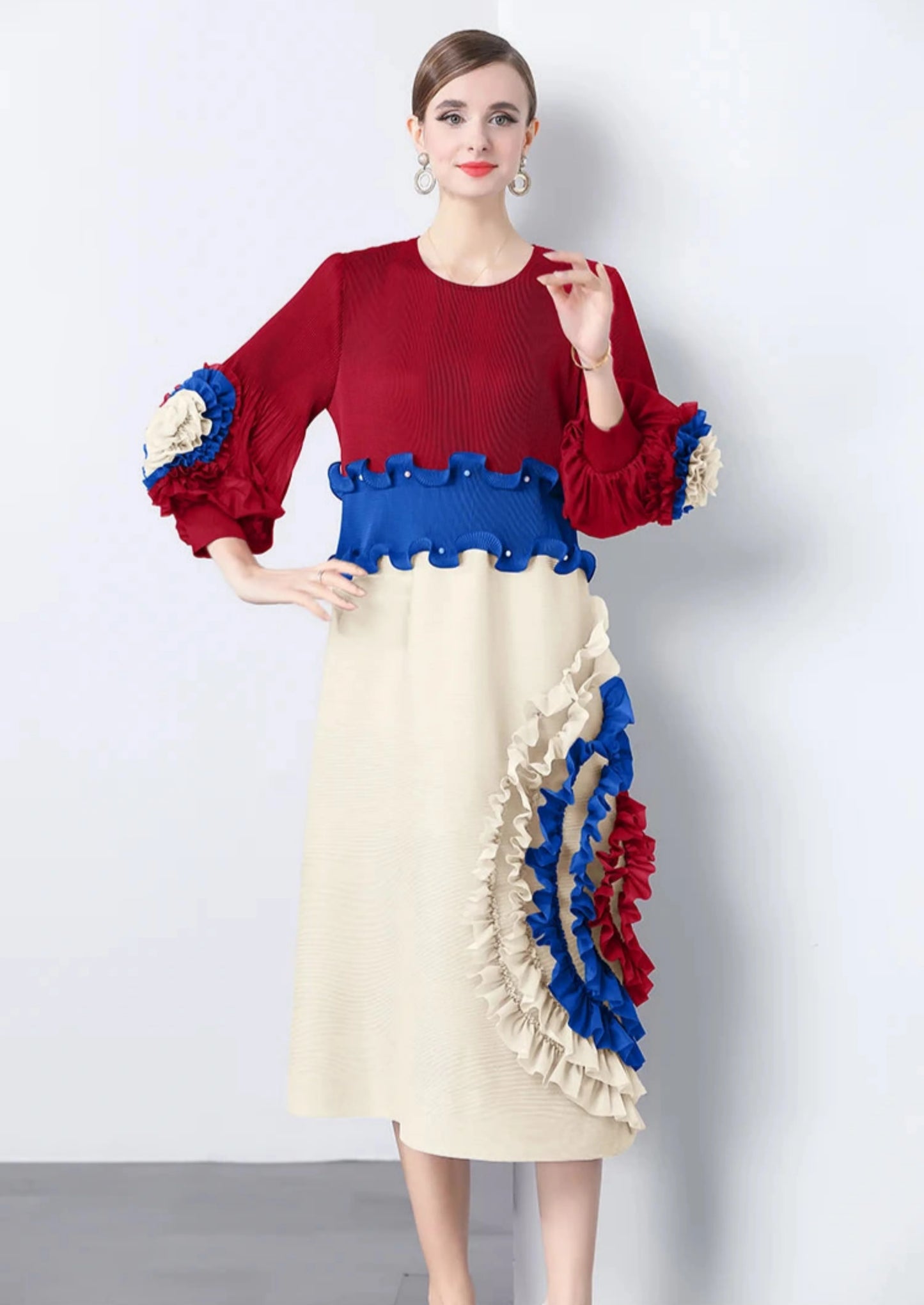 Ruffle Sleeve Plisse Dress