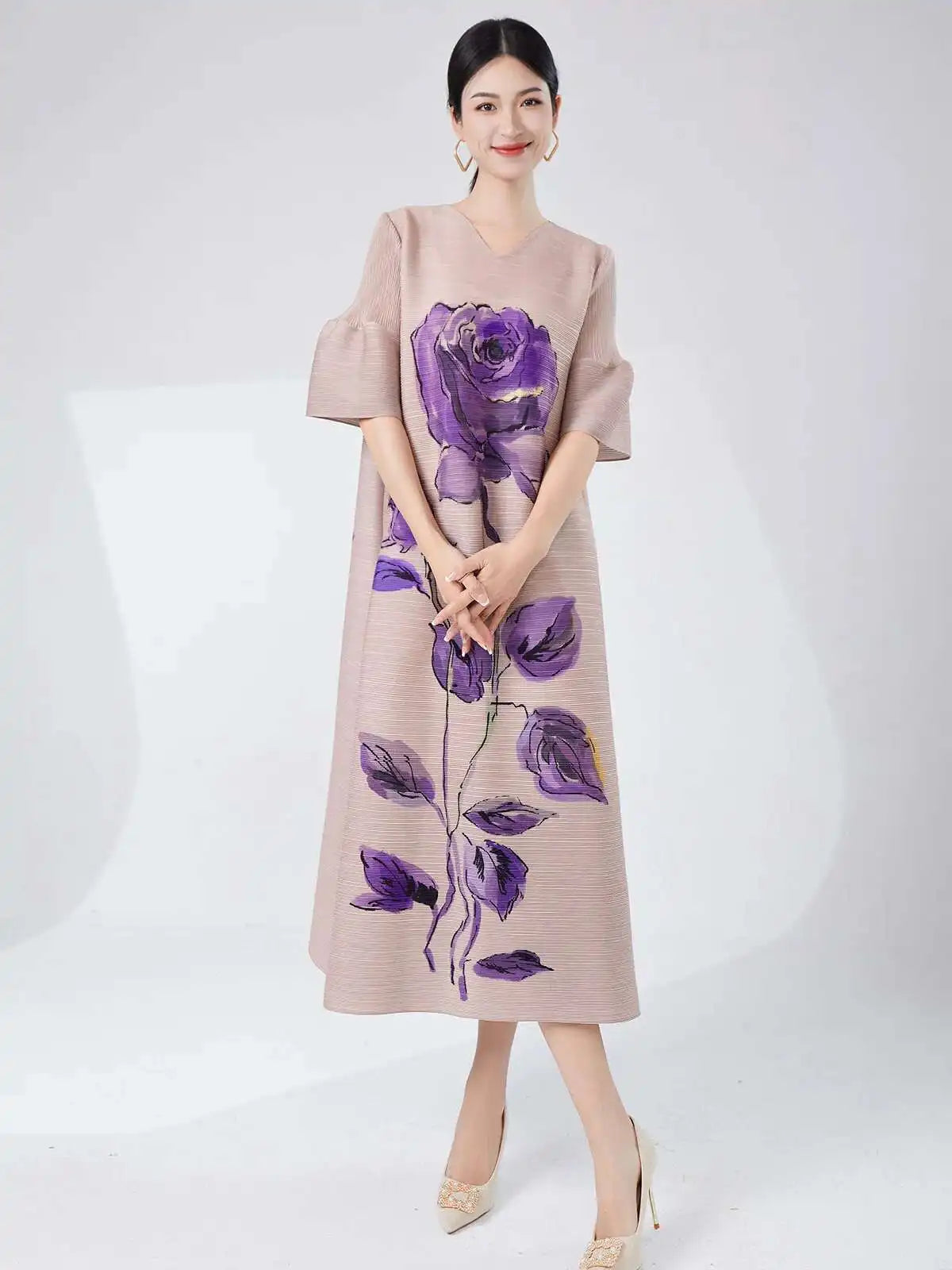 Rose Pleated Cape Sleeve Dress