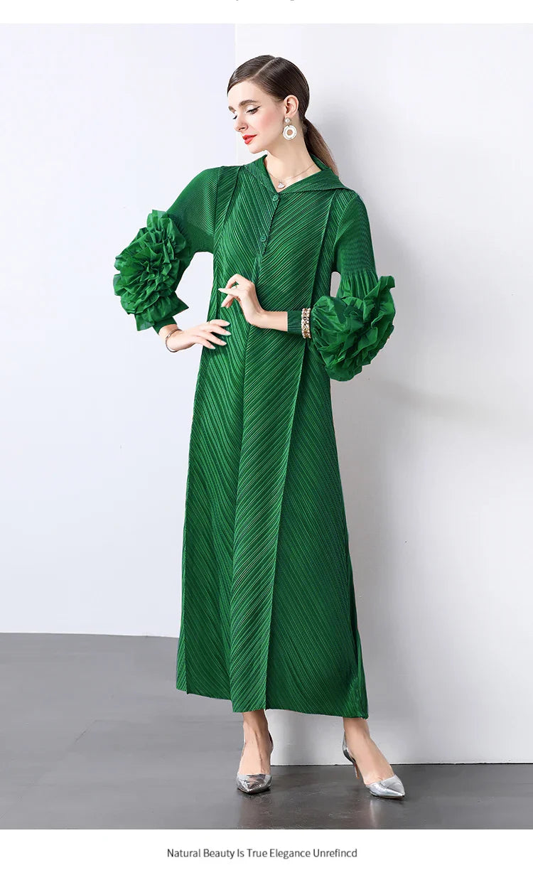 Plissé Pleated Long Sleeve Dress