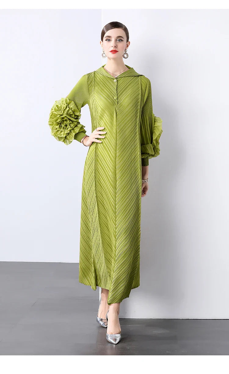 Plissé Pleated Long Sleeve Dress