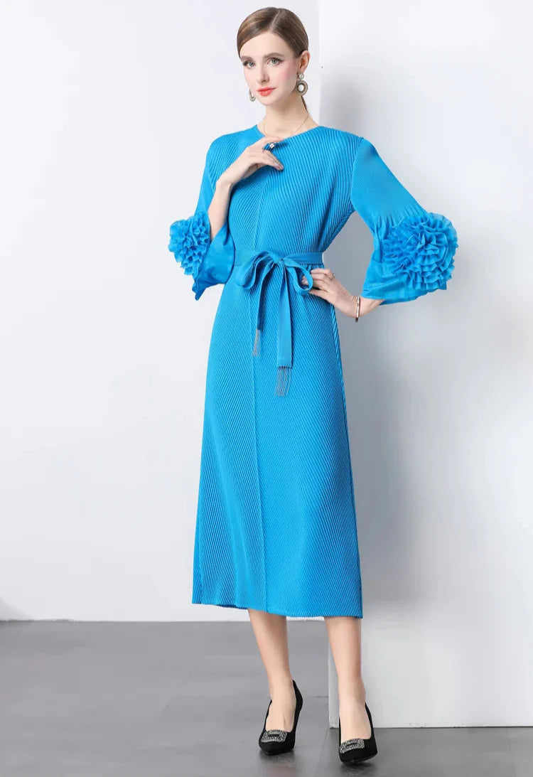 Floral Cape Sleeve Plisse Dress