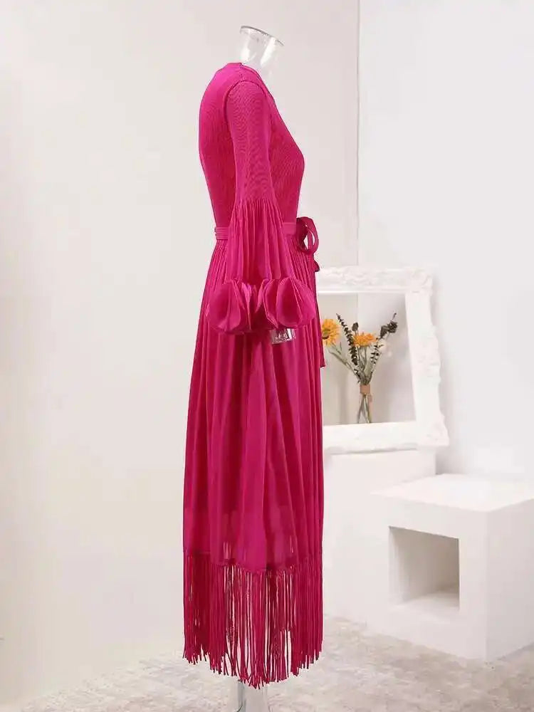 Elegant Fringe Hem Plissé Dress