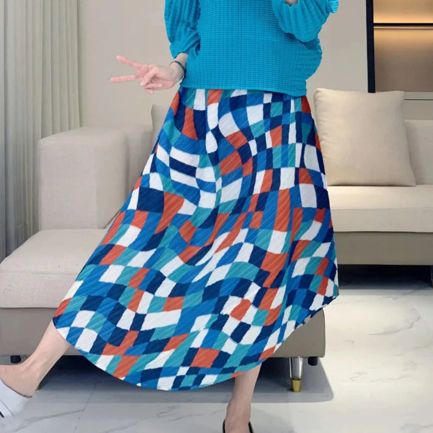 Geometric Pleated Midi Skirt