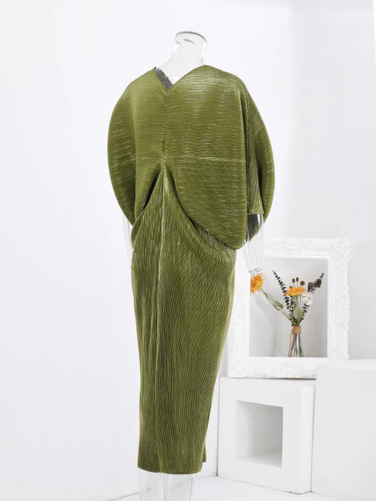 V-Neck Flutter Sleeve Pleated Midi Dress