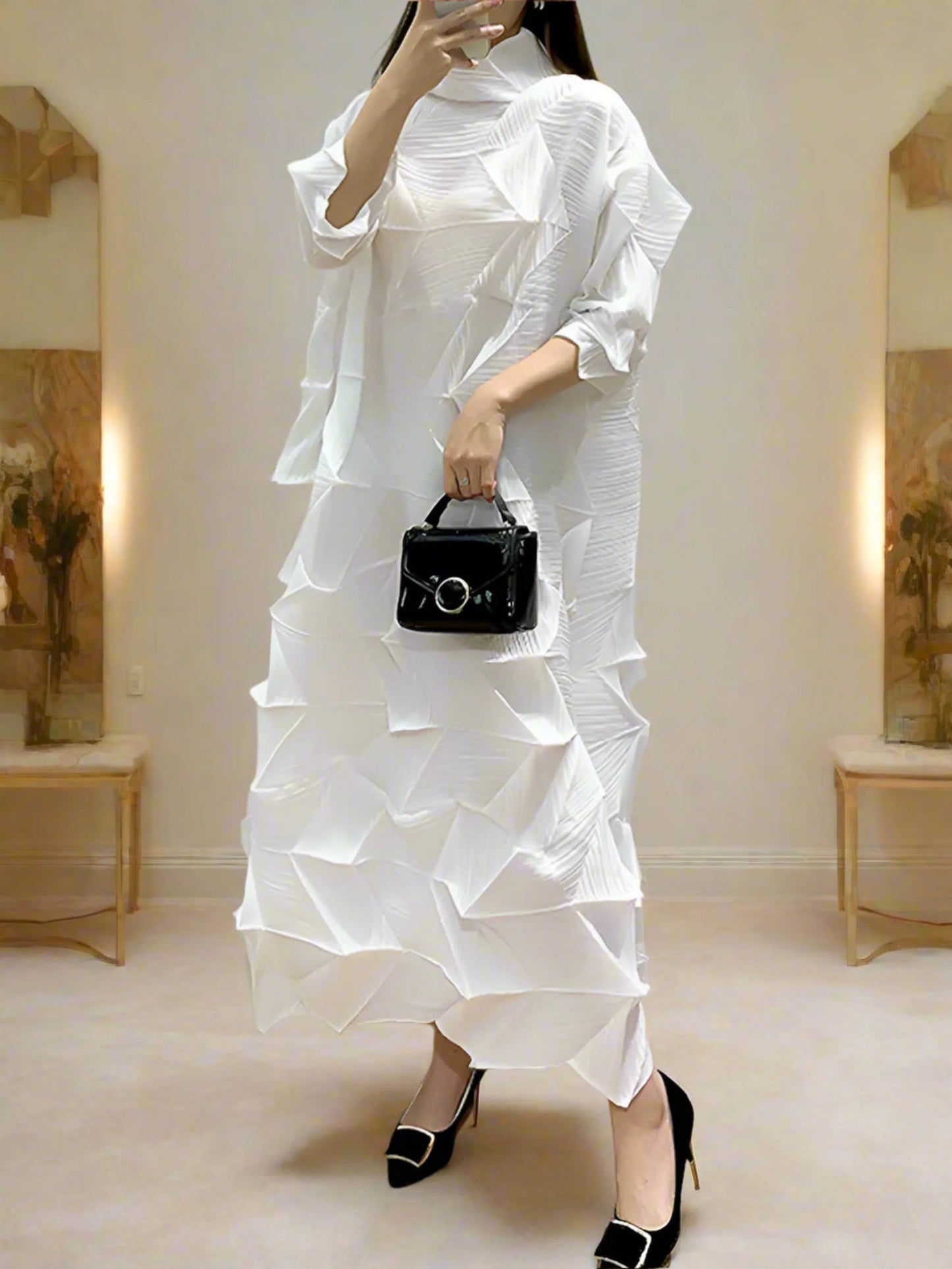 Premium Pleated Plissé Geometric Midi Dress
