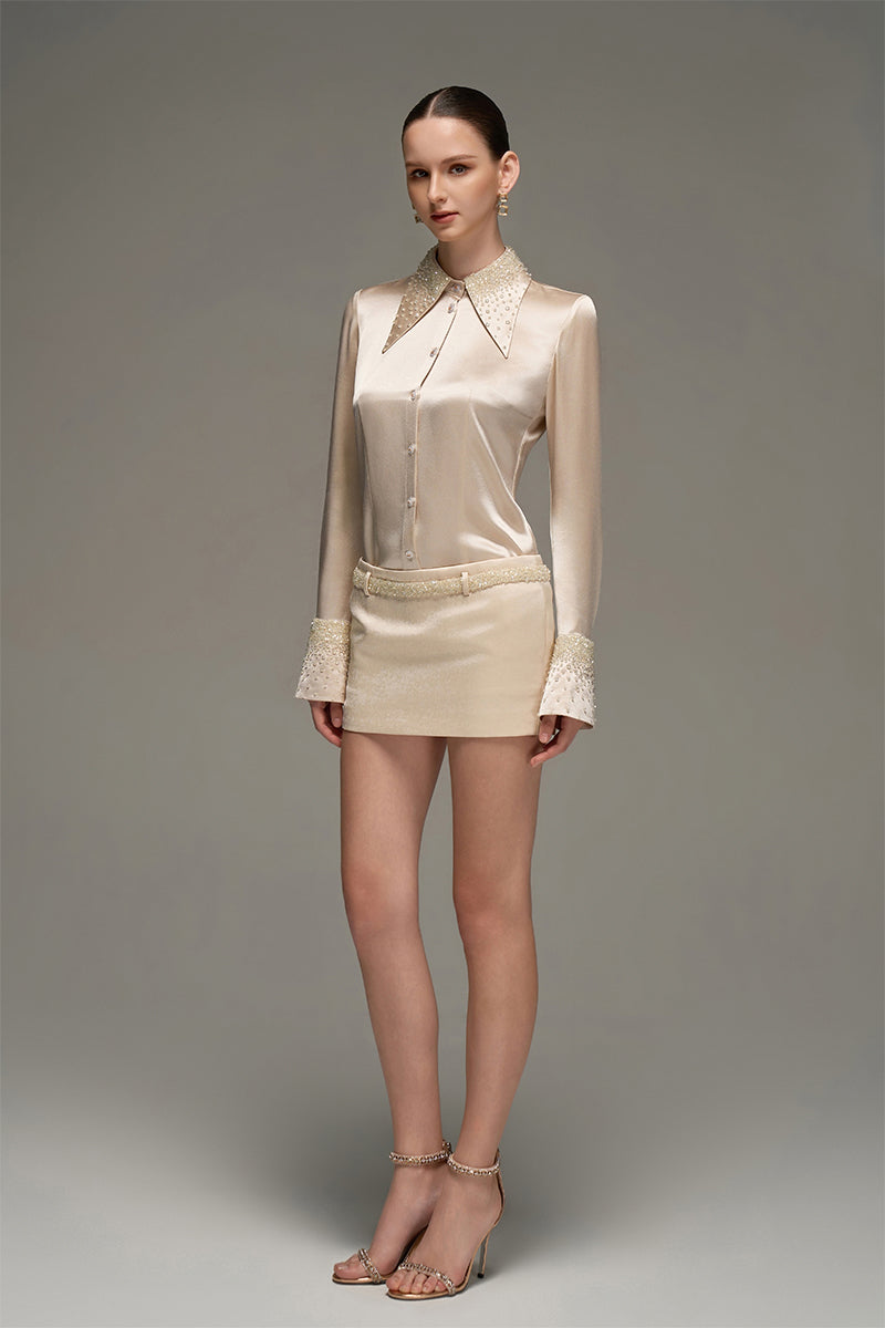SATIN SHIRT AND SKIRT SET IN BEIGE