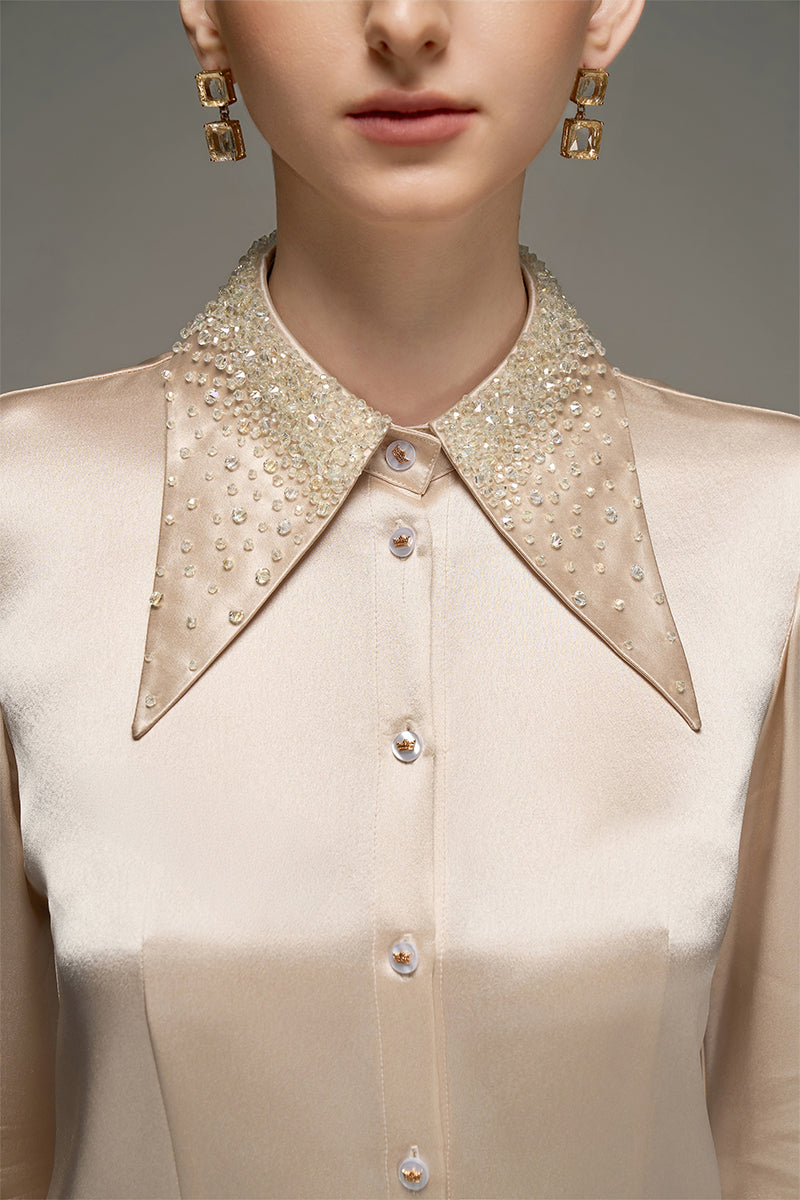 SATIN SHIRT AND SKIRT SET IN BEIGE