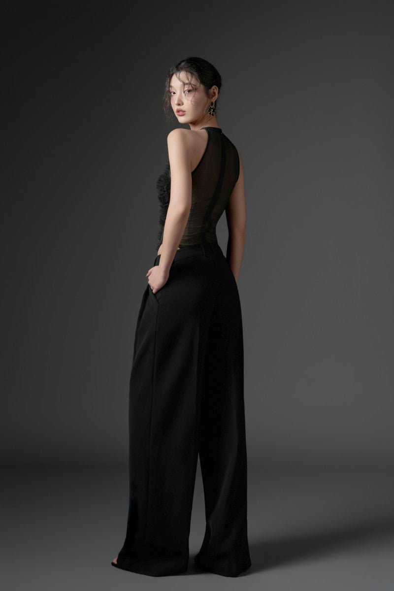 JAMBARI TULLE RUFFLES TOP & MAJMAT CREPE STRAIGHT PANTS IN BLACK