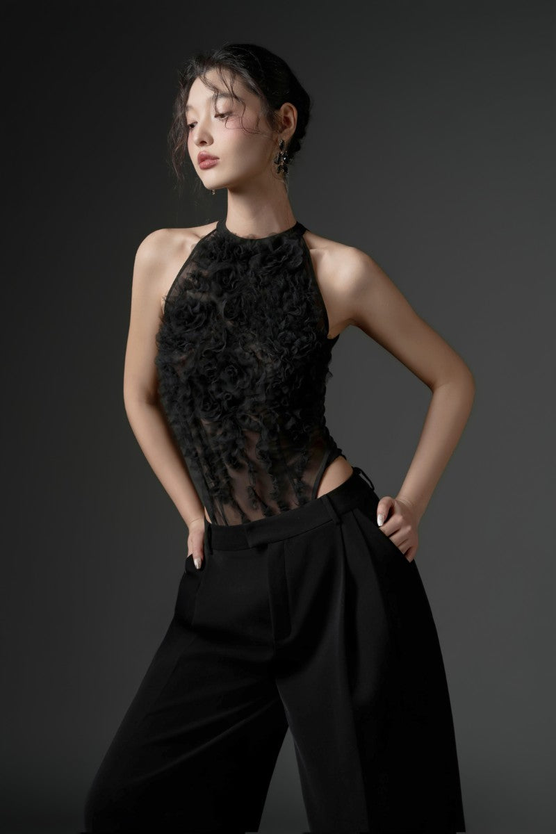 JAMBARI TULLE RUFFLES TOP & MAJMAT CREPE STRAIGHT PANTS IN BLACK