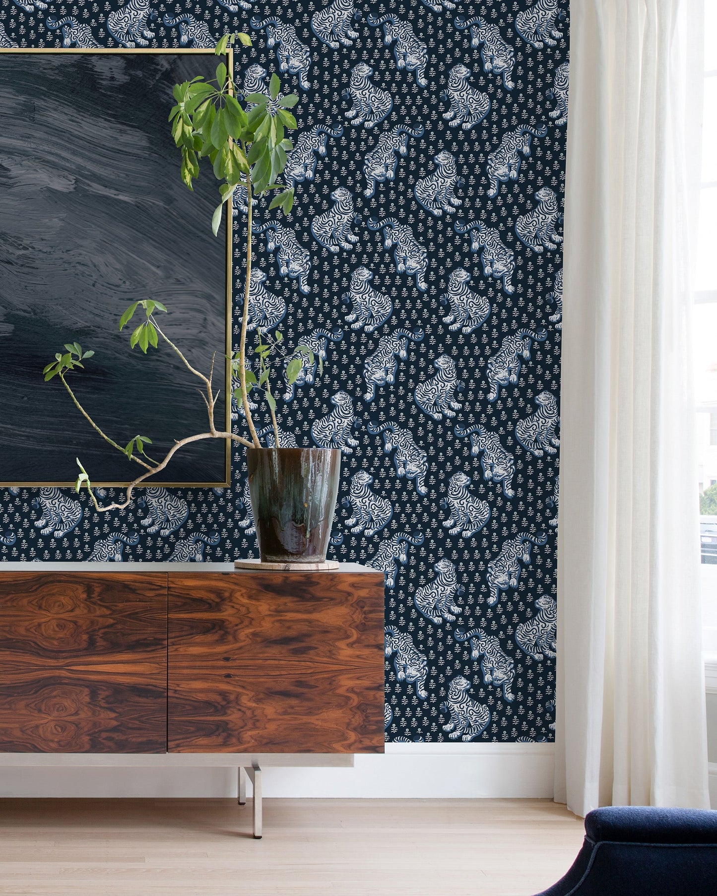 Tiger Queen - Peel & Stick Wallpaper - Navy