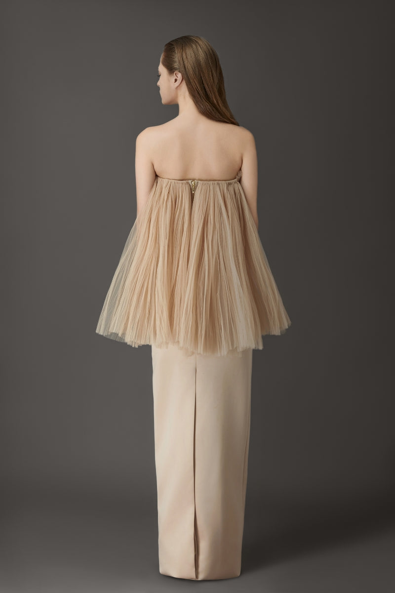 NUDE PLEATED TOP AND PENCIL SKIRT SET