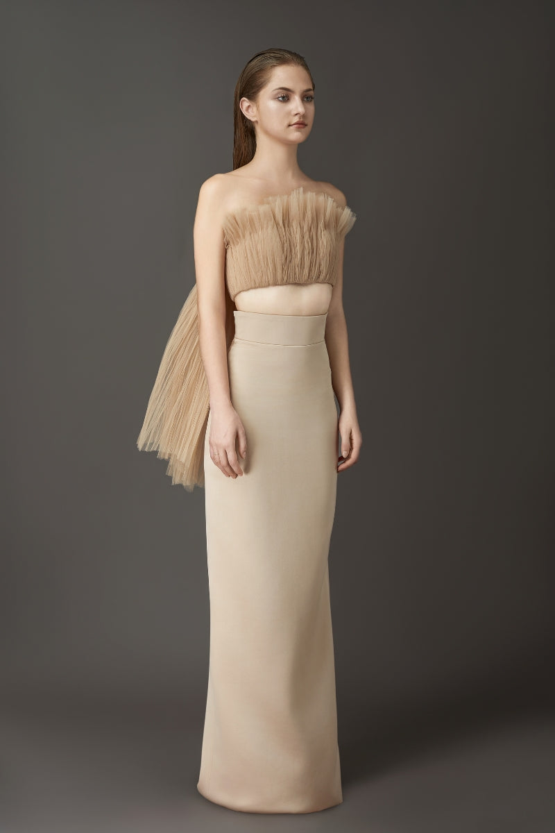 NUDE PLEATED TOP AND PENCIL SKIRT SET