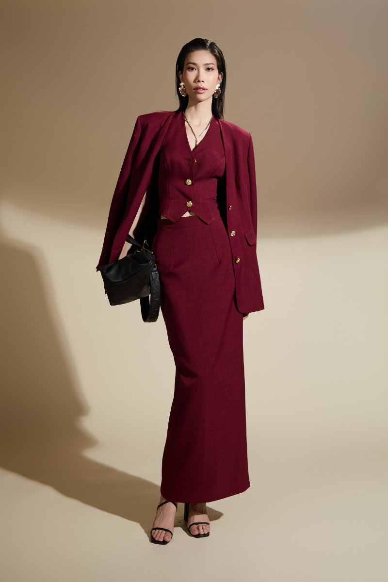 NORA STRAIGHT LAPELLESS COTTON BLEND VEST AND SKIRT SET
