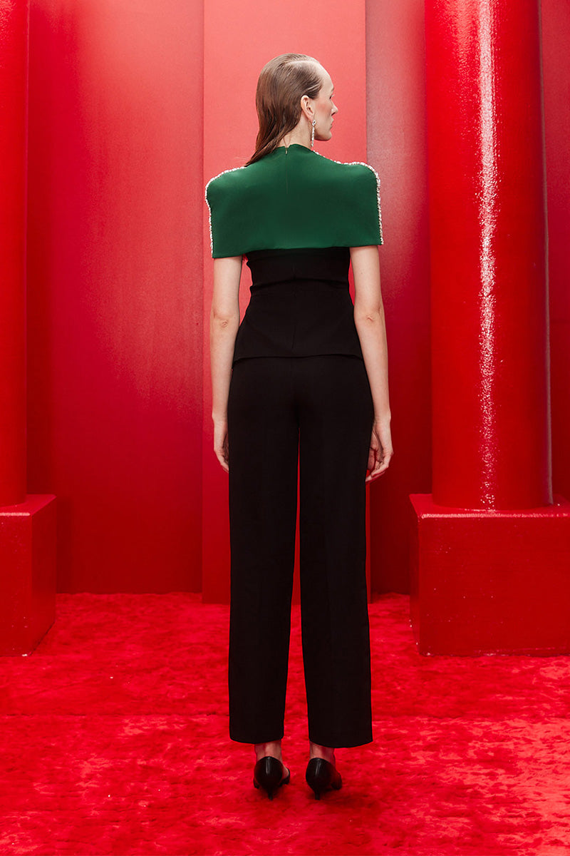 TOP AND PANTS SET WITH DETACHABLE EMERALD CAPE IN MIDNIGHT BLACK