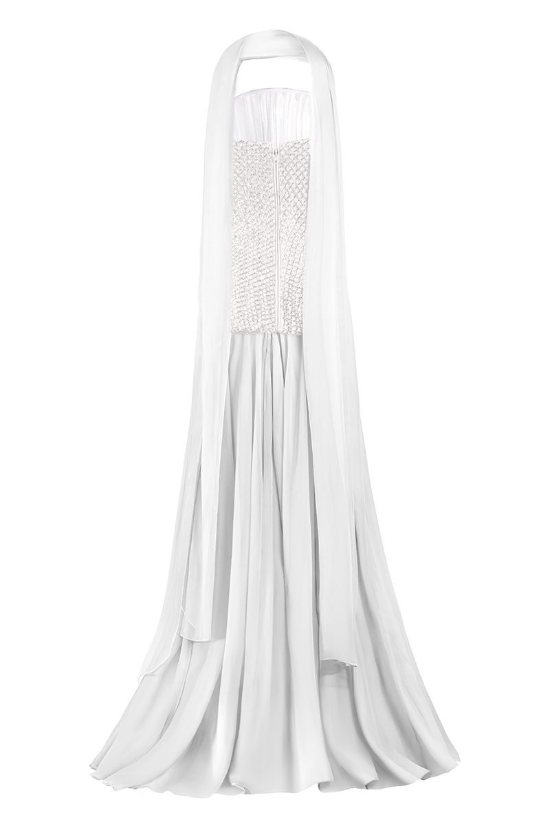 STRAPLESS TOP AND SKIRT SET WITH SCARF IN WHITE