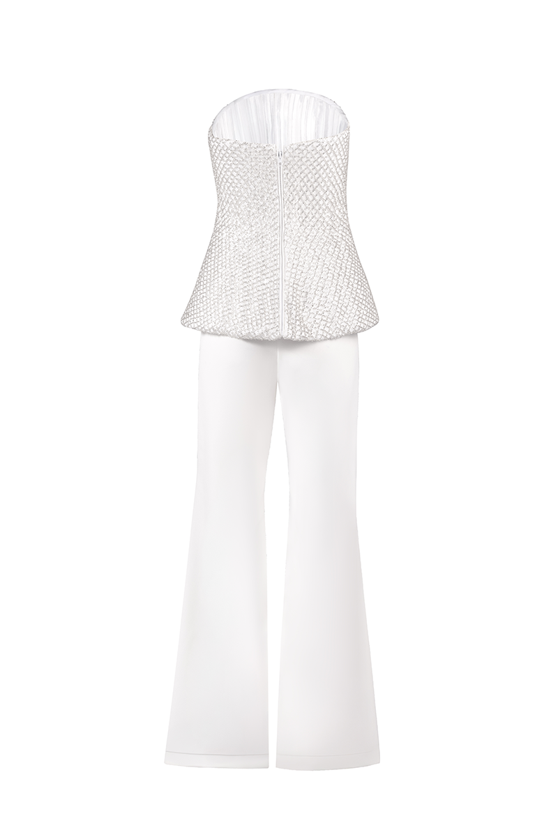 CORSET TOP WITH FLARED TROUSERS SET IN WHITE