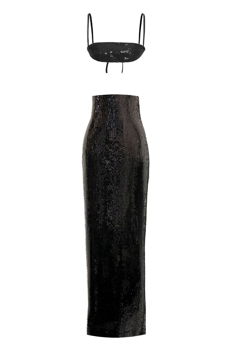 BLACK SEQUINS TOP AND SKIRT SET
