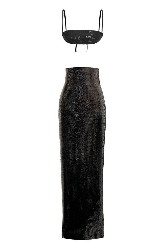 BLACK SEQUINS TOP AND SKIRT SET