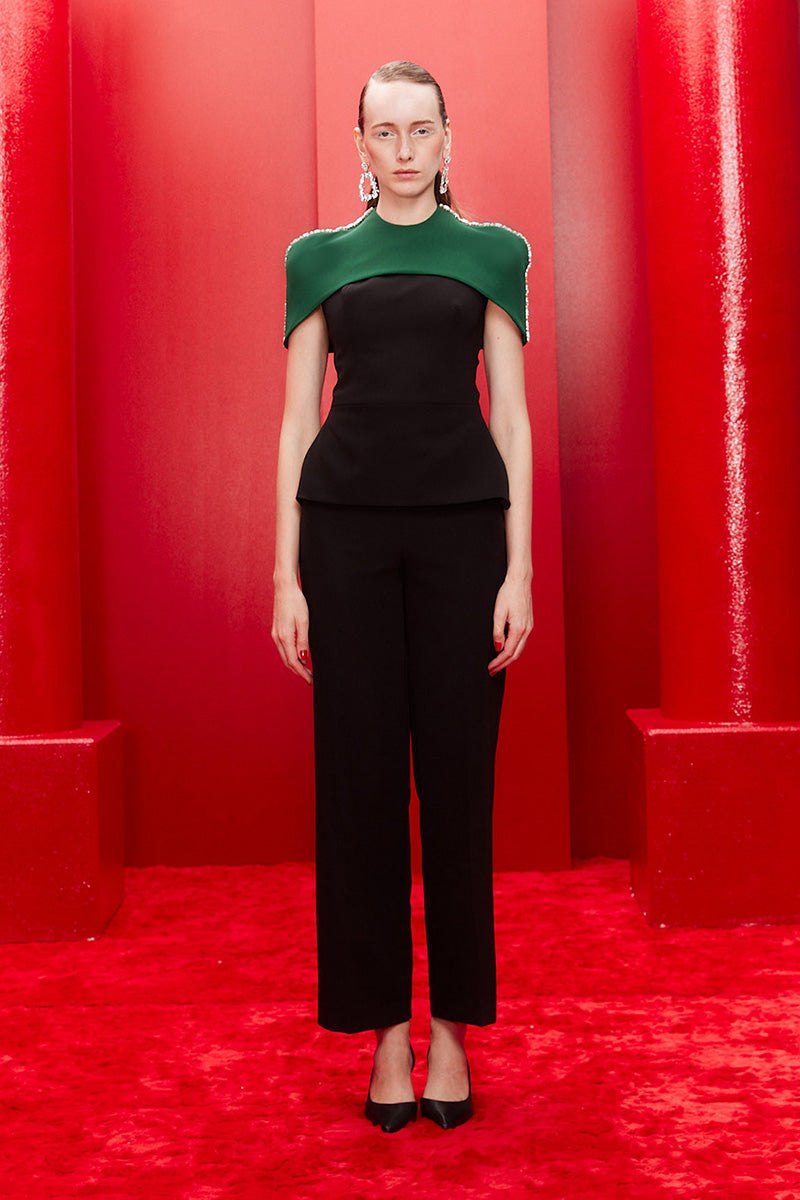 TOP AND PANTS SET WITH DETACHABLE EMERALD CAPE IN MIDNIGHT BLACK