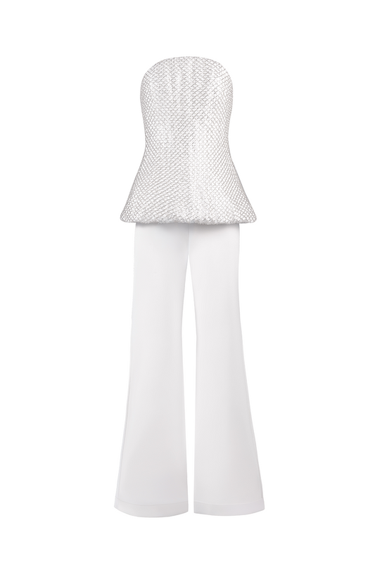 CORSET TOP WITH FLARED TROUSERS SET IN WHITE