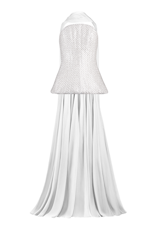 STRAPLESS TOP AND SKIRT SET WITH SCARF IN WHITE