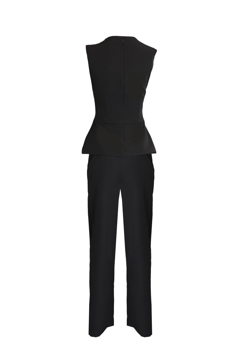 TOP AND PANTS SET WITH DETACHABLE EMERALD CAPE IN MIDNIGHT BLACK