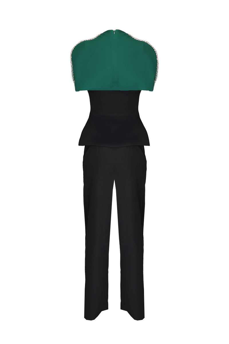 TOP AND PANTS SET WITH DETACHABLE EMERALD CAPE IN MIDNIGHT BLACK
