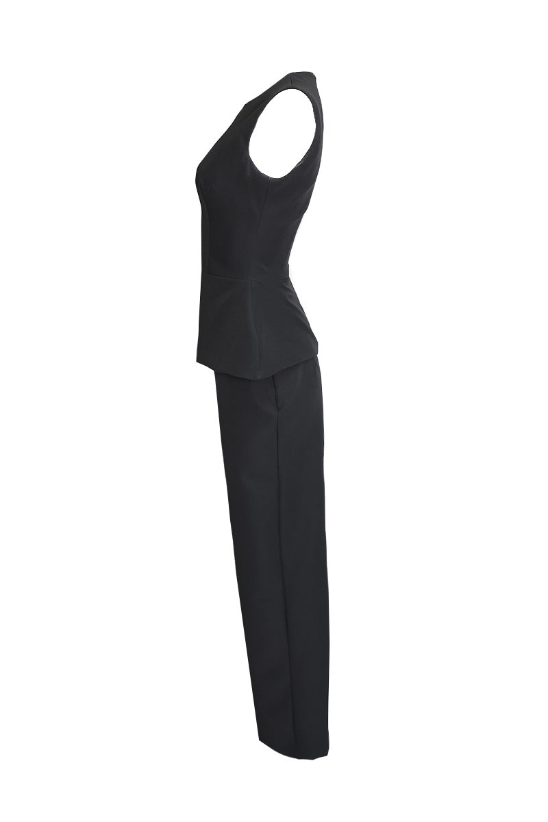 TOP AND PANTS SET WITH DETACHABLE EMERALD CAPE IN MIDNIGHT BLACK