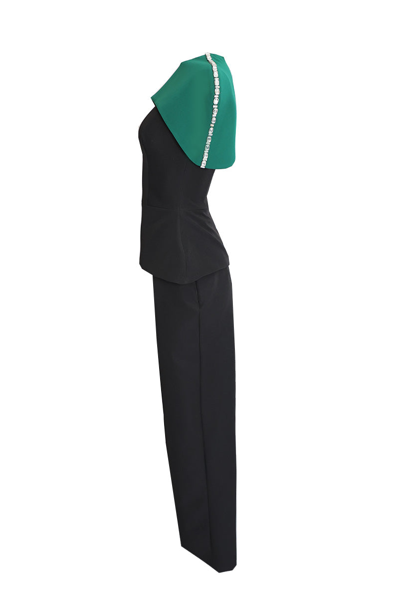 TOP AND PANTS SET WITH DETACHABLE EMERALD CAPE IN MIDNIGHT BLACK