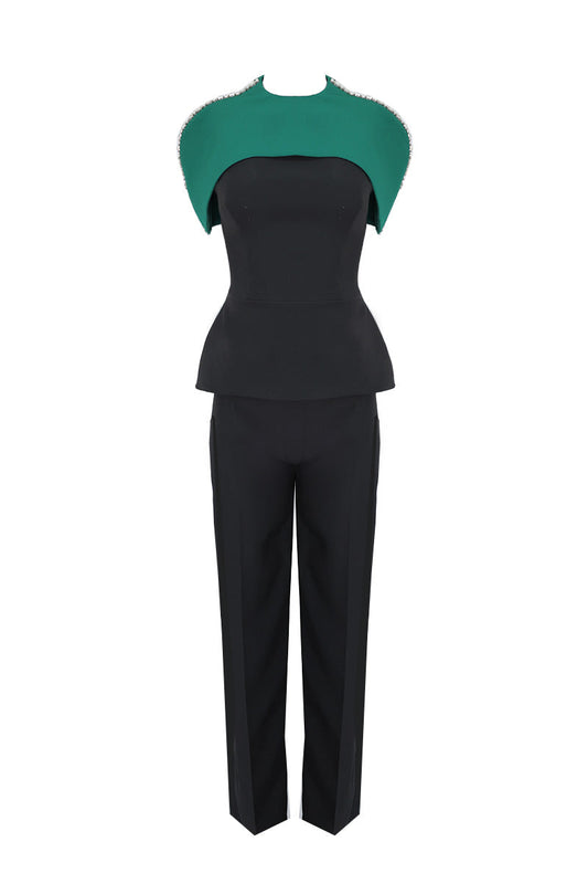 TOP AND PANTS SET WITH DETACHABLE EMERALD CAPE IN MIDNIGHT BLACK