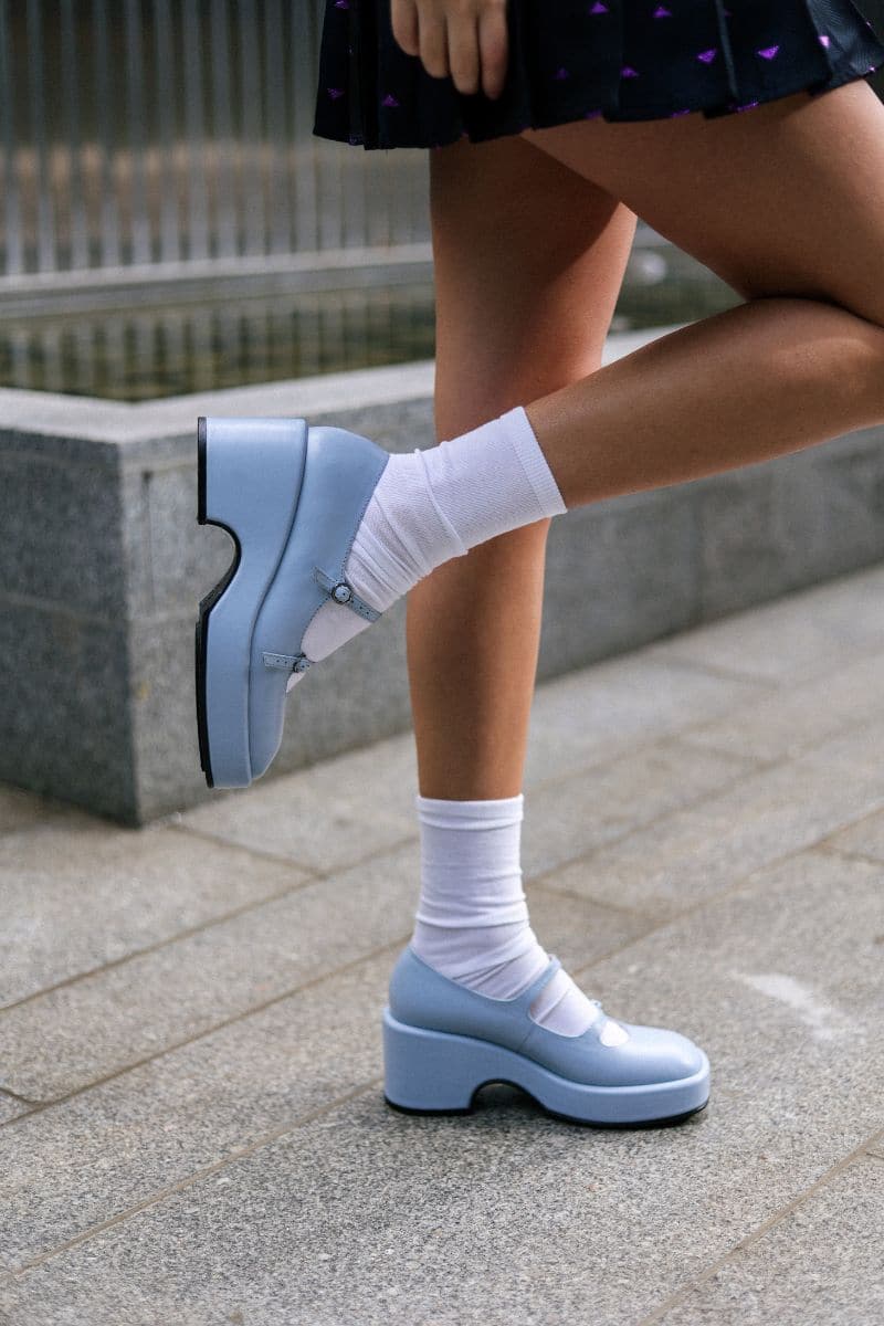 MARY JANE BLUE LEATHER PLATFORM SHOES