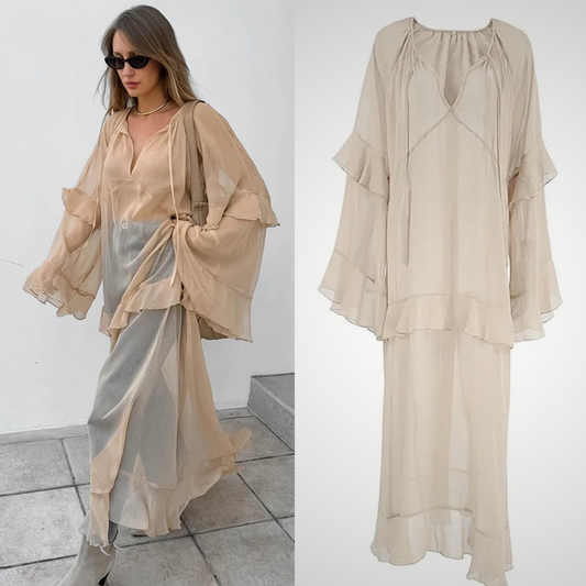 Luxe Sheer Beige Flowing Dress - Ruffled Long Sleeve