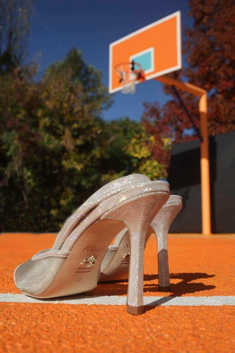 DISCO SUEDE MESH SLING HEELS