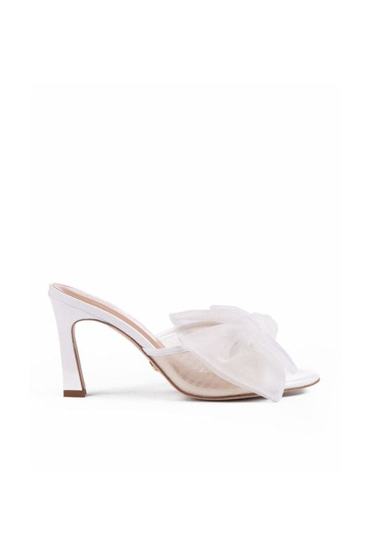 WHITE PATENT BOW MULES