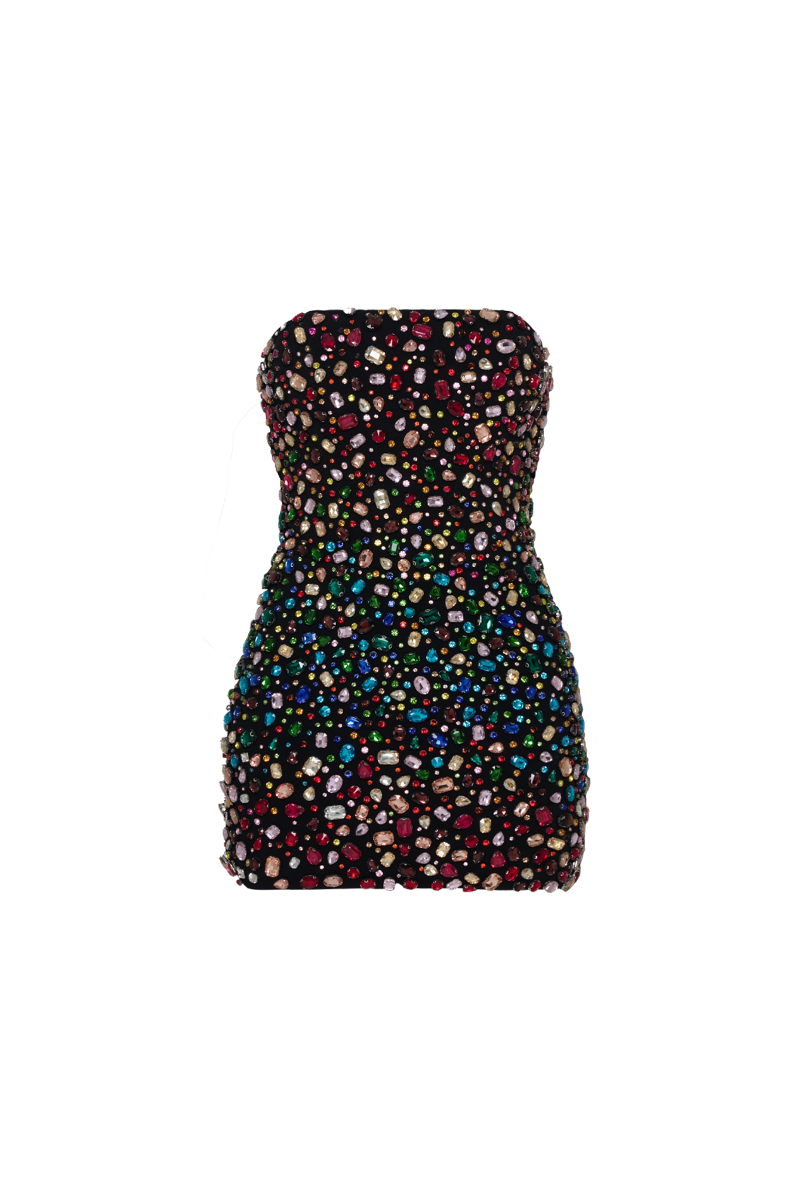SPARKLE BANDEAU MINI DRESS WITH BLACK CAPE
