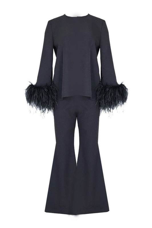 EMBELLISHED FEATHER RELAXED TOP AND PANTS SET