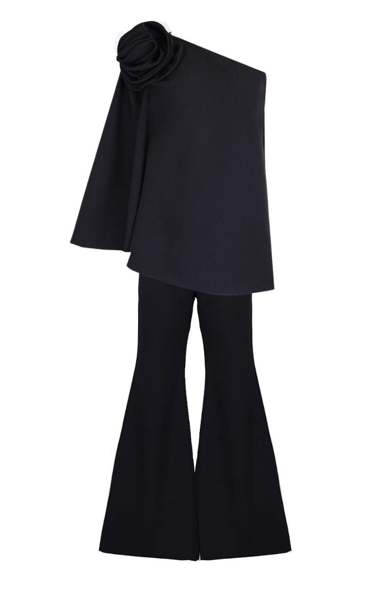 FLORAL ADORNED ONE-SHOULDER BLACK TOP AND PANTS SET